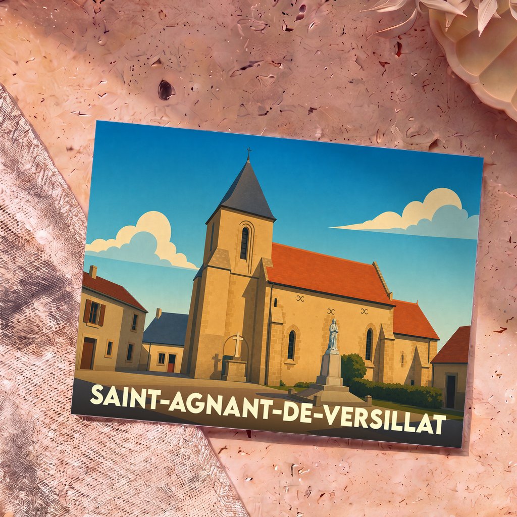 Carte postale souvenir de Saint-Agnant-de-Versillat illustrant son église et sa place centrale dans un style graphique épuré.