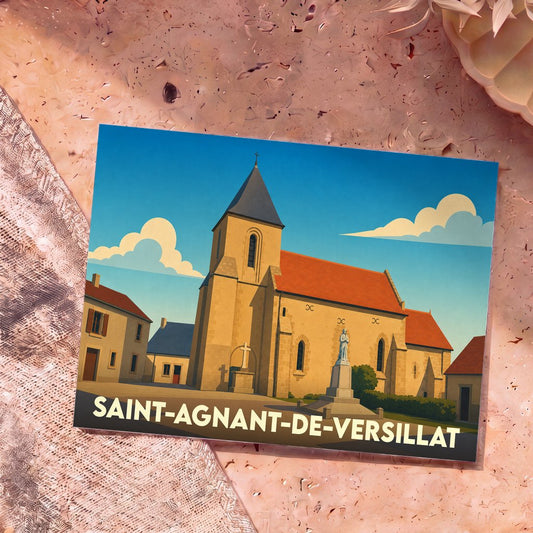 Carte postale souvenir de Saint-Agnant-de-Versillat illustrant son église et sa place centrale dans un style graphique épuré.