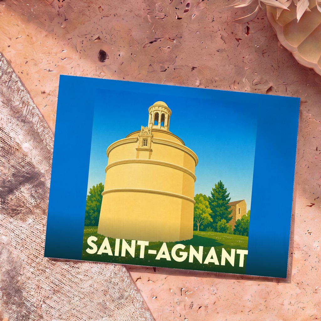 Carte postale souvenir de la ville de Saint-Agnant avec une illustration stylisée de son monument historique.