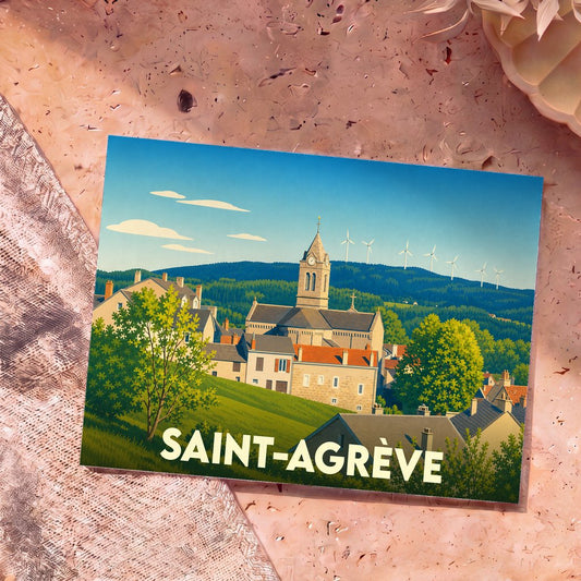 Carte postale souvenir de la ville de Saint-Agrève avec une illustration stylisée de son église et d'un paysage vallonné.