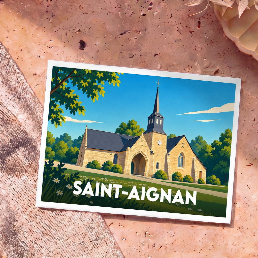 Carte postale souvenir de la ville de Saint-Aignan illustrant son église avec un style graphique épuré.