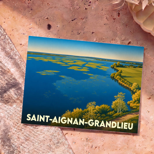 Carte postale souvenir de la ville de Saint-Aignan-Grandlieu avec une illustration stylisée du lac.