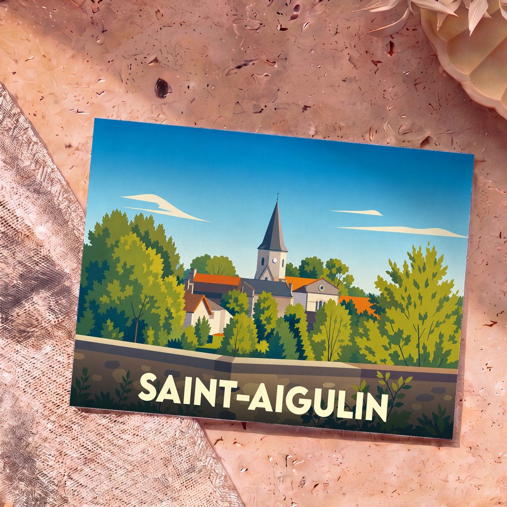 Carte postale souvenir de la ville de Saint-Aigulin avec une illustration stylisée.