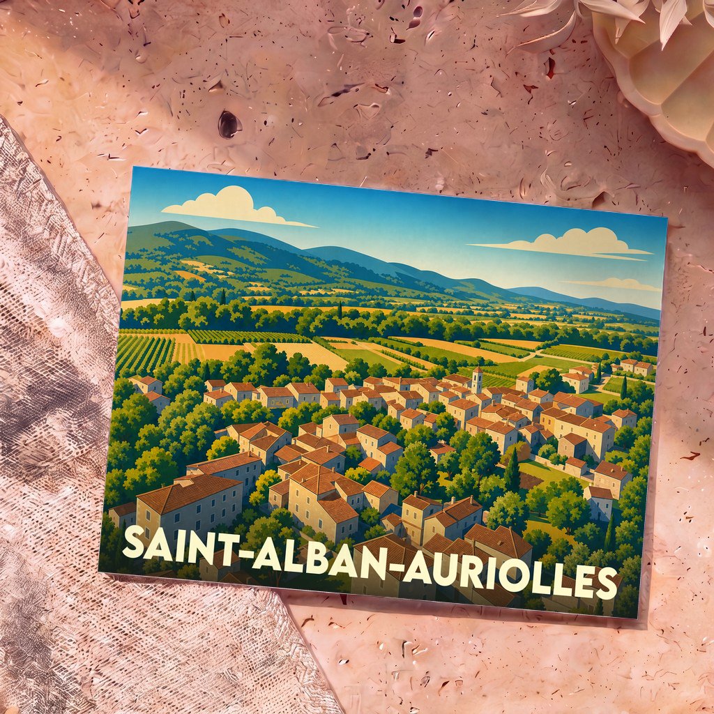 Carte postale souvenir de Saint-Alban-Auriolles illustrant un village pittoresque niché dans un paysage vallonné et verdoyant.