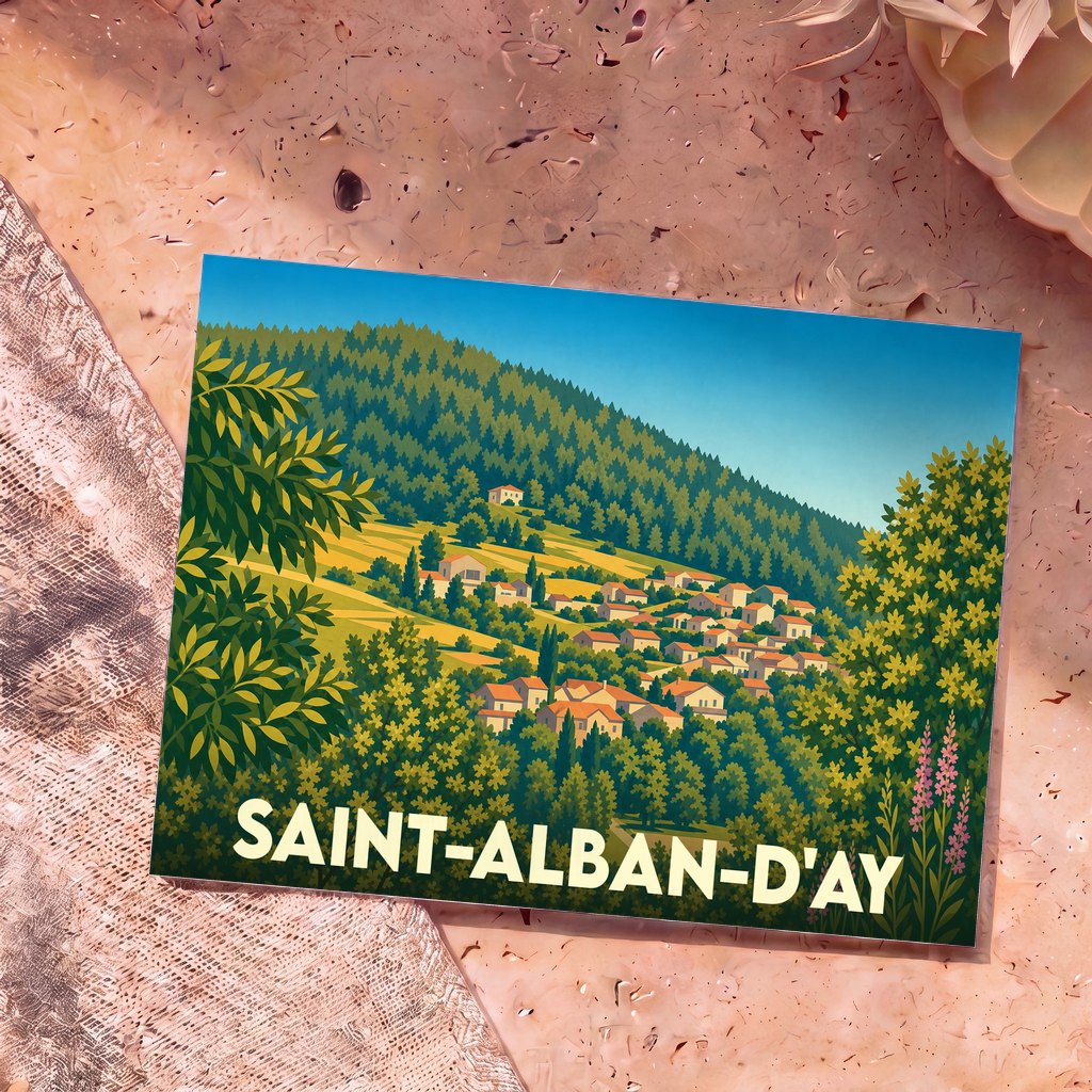 Carte postale souvenir de la ville de Saint-Alban-d'Ay avec une illustration stylisée d'un village niché à flanc de colline boisée.