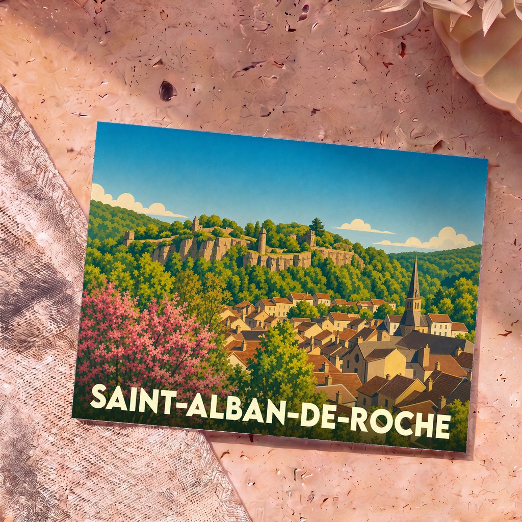 Carte postale souvenir de la ville de Saint-Alban-de-Roche avec une illustration stylisée d'un village pittoresque niché dans la verdure.