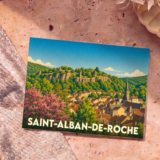 Carte postale souvenir de la ville de Saint-Alban-de-Roche avec une illustration stylisée d'un village pittoresque niché dans la verdure.