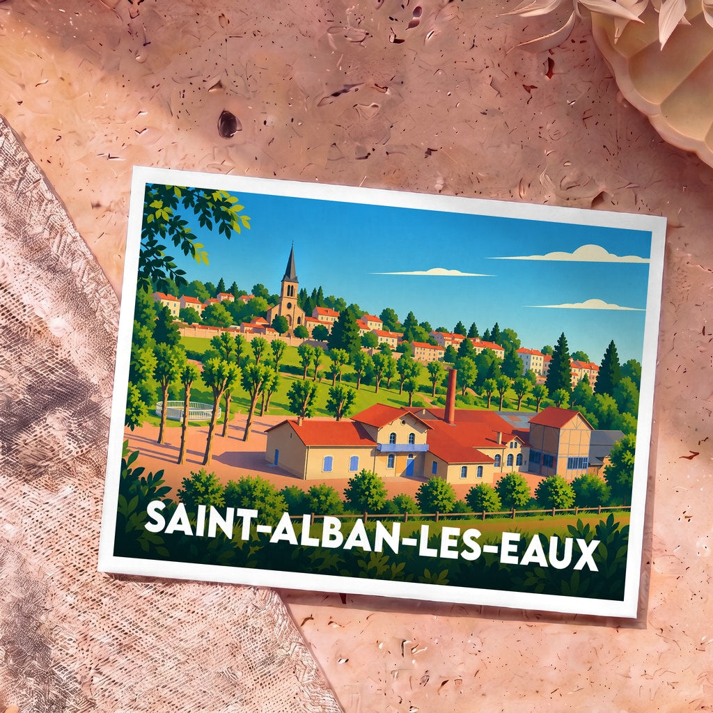 Carte postale souvenir de la ville de Saint-Alban-les-Eaux avec une illustration stylisée d'un village pittoresque.