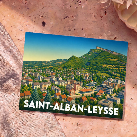 Carte postale souvenir de la ville de Saint-Alban-Leysse avec une illustration stylisée et colorée.