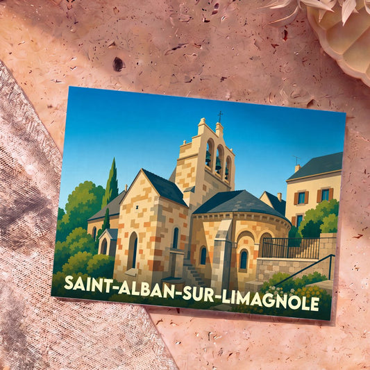 Carte postale souvenir de Saint-Alban-sur-Limagnole illustrant son église romane dans un style graphique épuré.