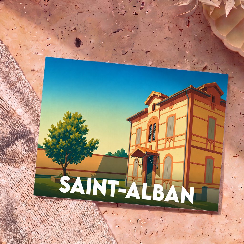 Carte postale souvenir de la ville de Saint-Alban avec une illustration stylisée d'un bâtiment historique.