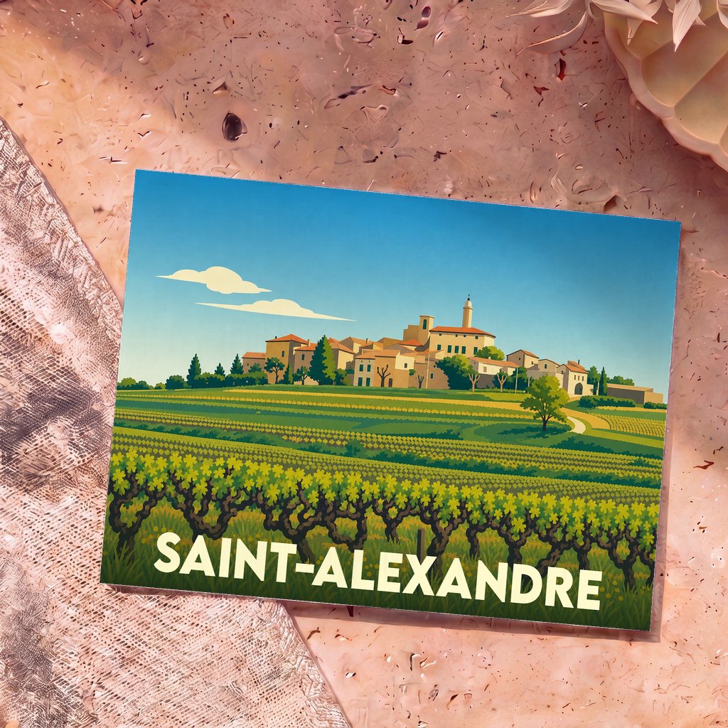 Carte postale souvenir de la ville de Saint-Alexandre illustrant un paysage de vignobles et son village perché.
