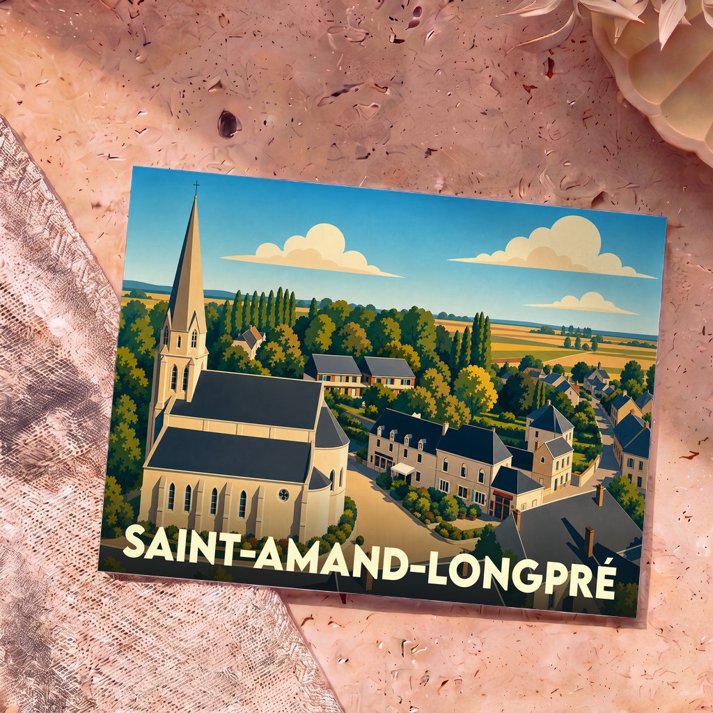 Carte postale souvenir de la ville de Saint-Amand-Longpré avec une illustration stylisée de son église et de ses maisons.