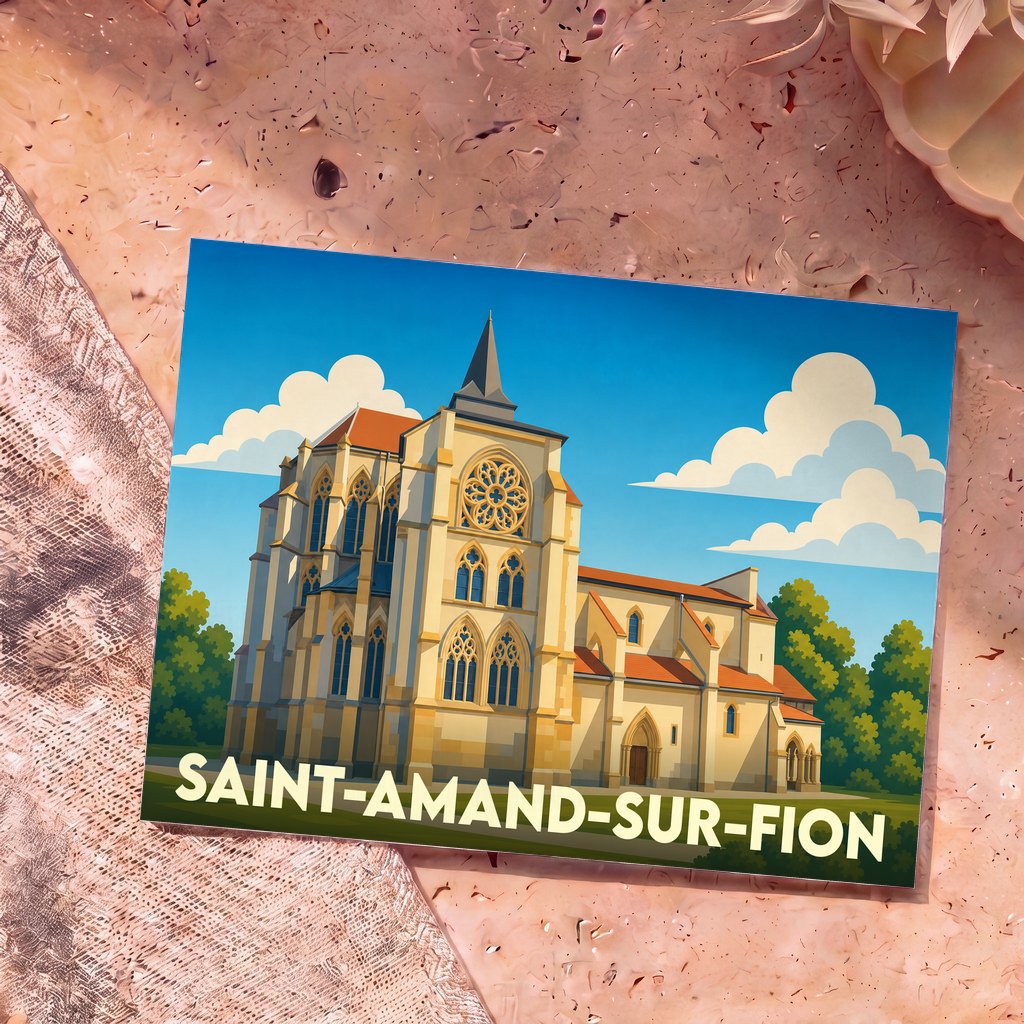 Carte postale souvenir de la ville de Saint-Amand-sur-Fion avec une illustration stylisée de son église.