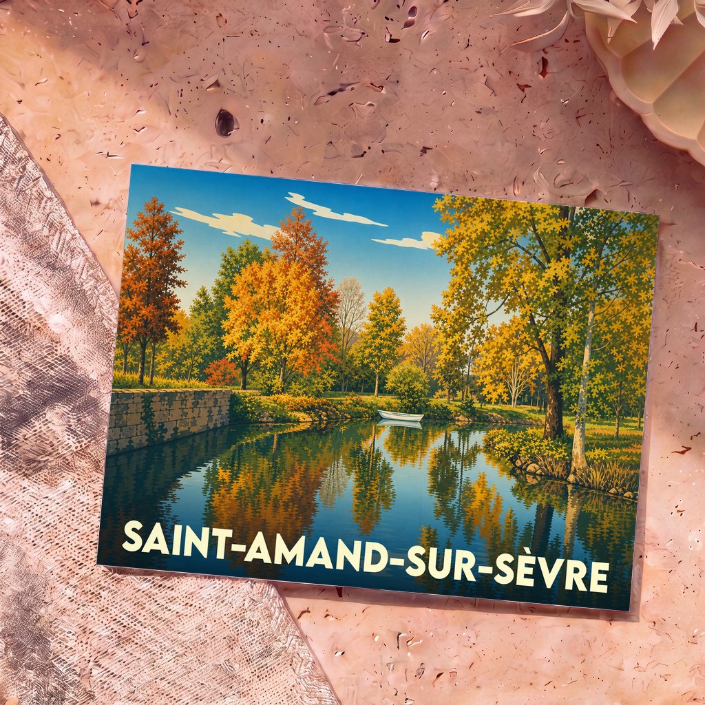 Carte postale souvenir de la ville de Saint-Amand-sur-Sèvre illustrant un paysage automnal au bord de l'eau.