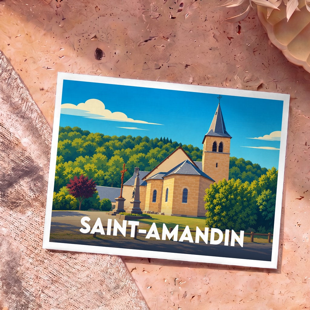 Carte postale souvenir de la ville de Saint-Amandin avec une illustration stylisée d'une église.