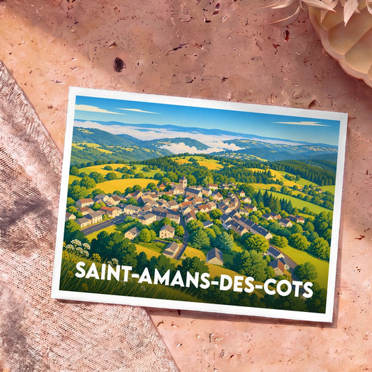 Carte postale souvenir de la ville de Saint-Amans-des-Cots avec une illustration paysagère stylisée.
