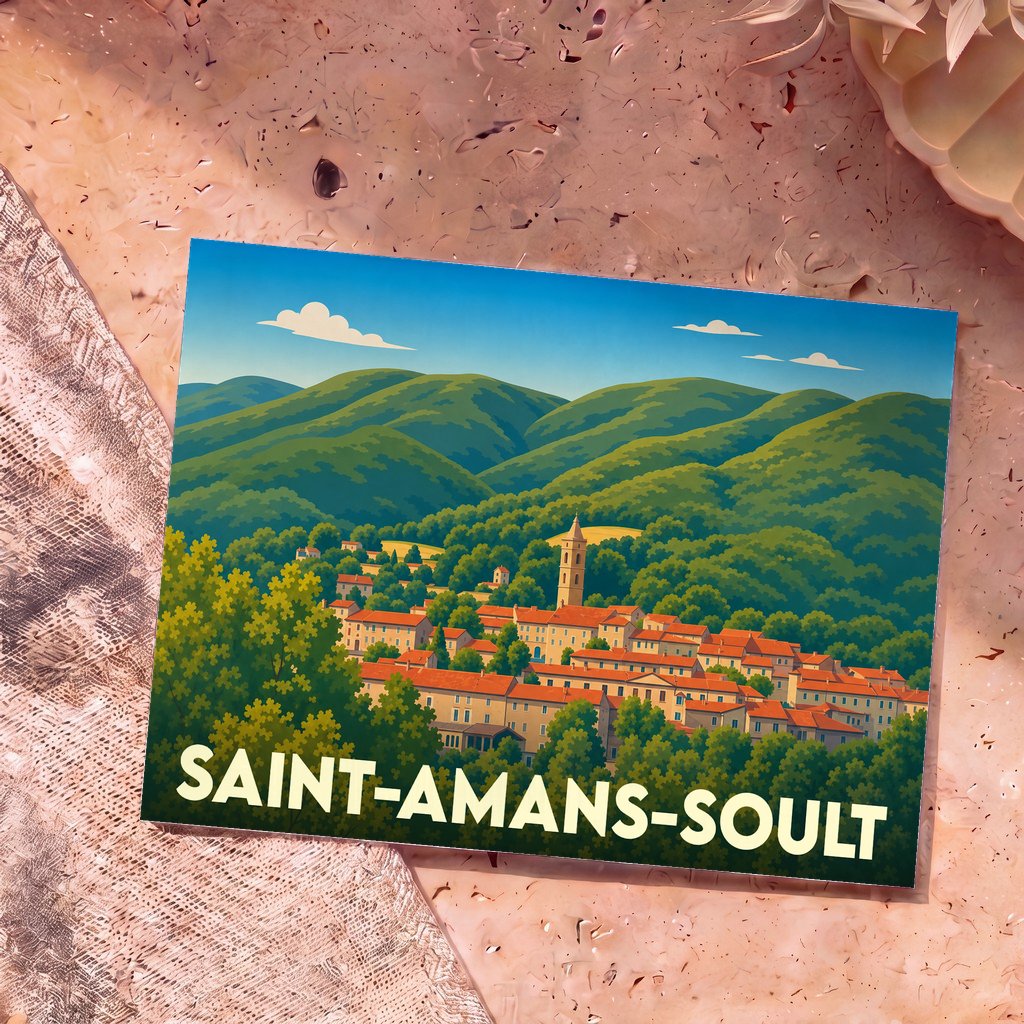 Carte postale souvenir de la ville de Saint-Amans-Soult avec une illustration stylisée des montagnes et du village.