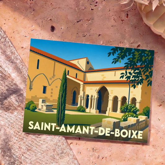 Carte postale souvenir de Saint-Amant-de-Boixe avec une illustration stylisée de son abbaye et de son cloître.