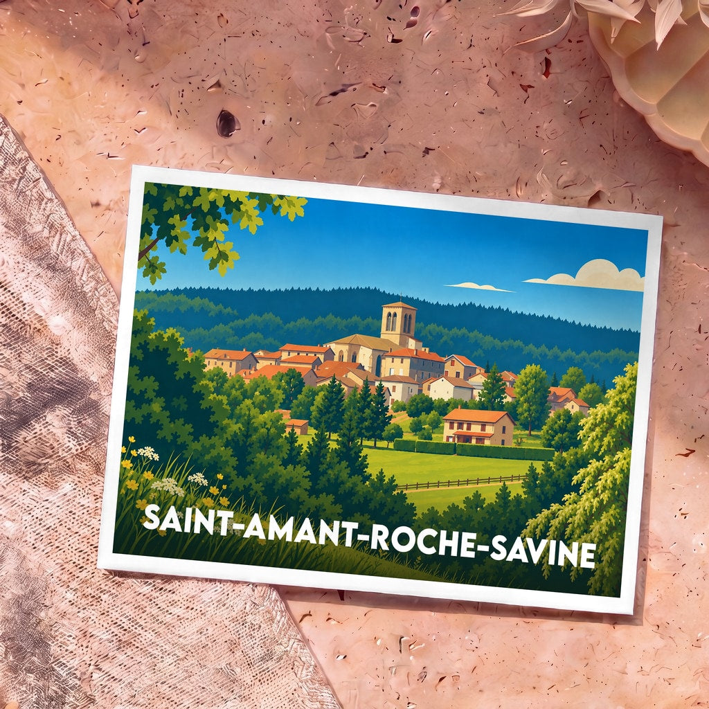 Carte postale souvenir de Saint-Amant-Roche-Savine illustrant le village dans un style graphique et coloré.
