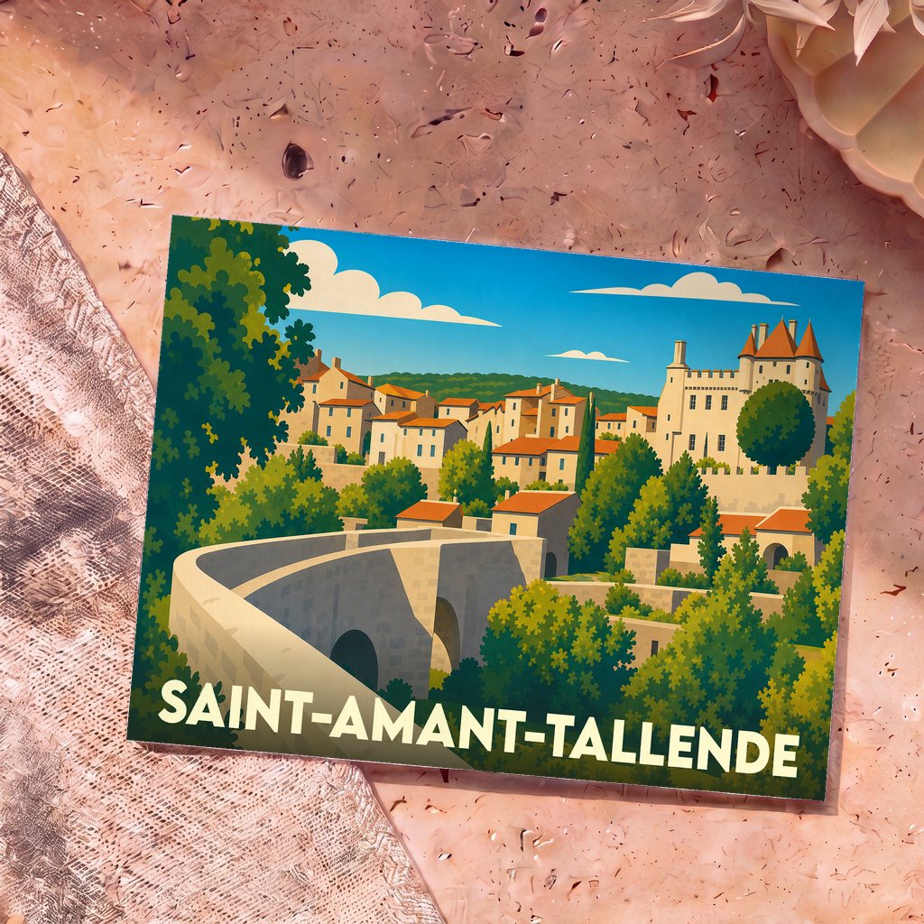 Carte postale souvenir de Saint-Amant-Tallende avec une illustration stylisée du village et de son château.
