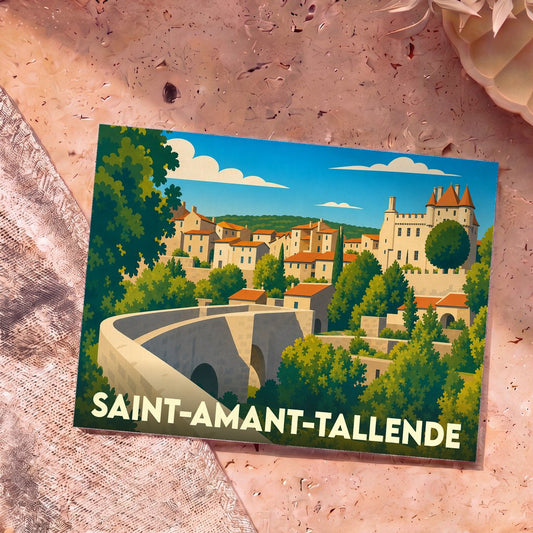 Carte postale souvenir de Saint-Amant-Tallende avec une illustration stylisée du village et de son château.