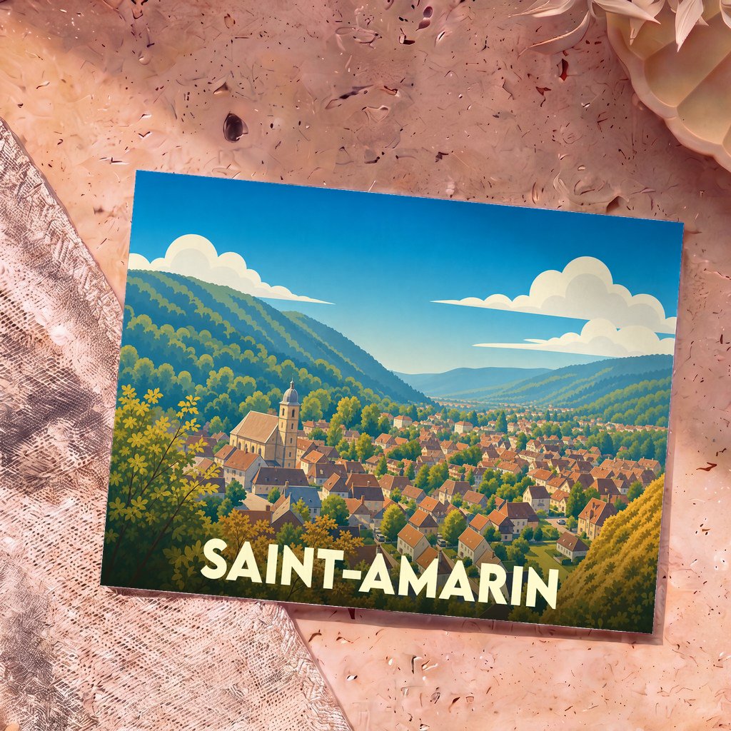 Carte postale souvenir de la ville de Saint-Amarin avec une illustration stylisée d'un village dans une vallée verdoyante.