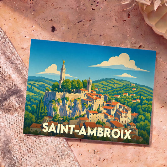 Carte postale souvenir de la ville de Saint-Ambroix avec une illustration stylisée et colorée.