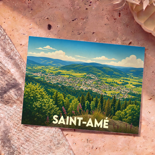 Carte postale souvenir de la ville de Saint-Amé avec une illustration stylisée d'un panorama de montagne et de forêt.