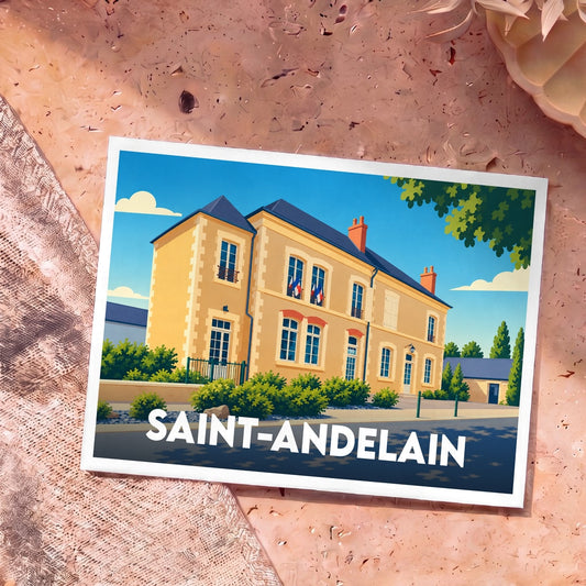 Carte postale souvenir de la ville de Saint-Andelain avec une illustration stylisée de sa mairie.