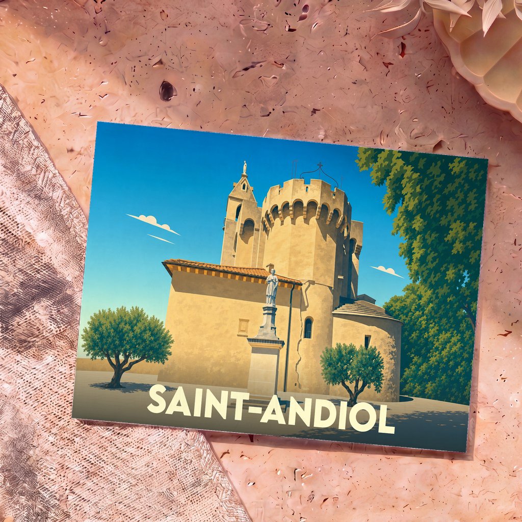 Carte postale souvenir de la ville de Saint-Andiol avec une illustration stylisée de son église fortifiée sous un ciel bleu.