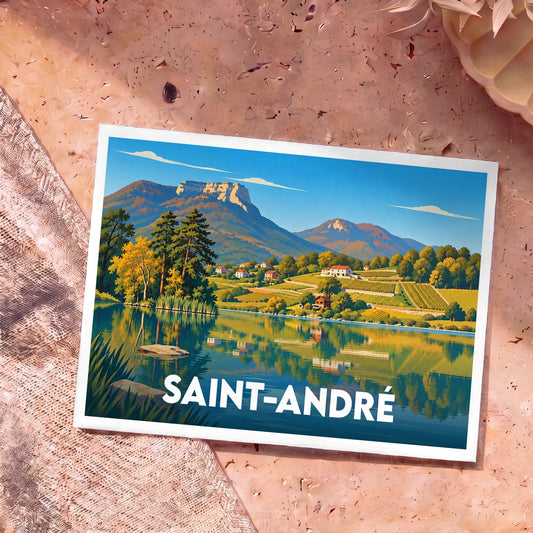 Carte postale souvenir de la ville de Saint-André avec une illustration stylisée de montagnes et d'un lac alpin.
