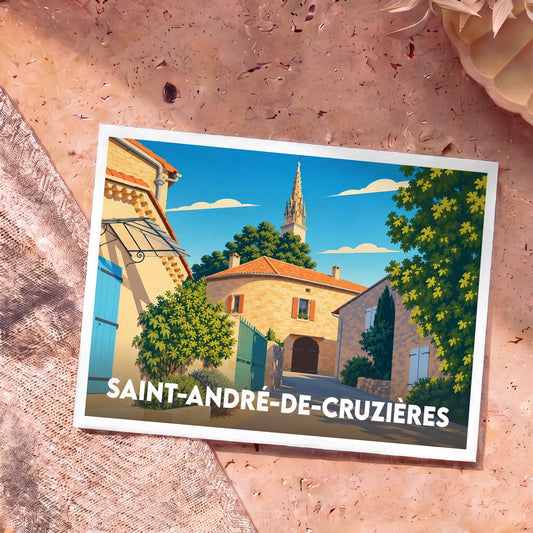Carte postale souvenir de la ville de Saint-André-de-Cruzières avec une illustration stylisée d'un village ensoleillé.