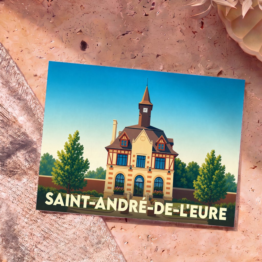 Carte postale souvenir de la ville de Saint-André-de-l'Eure avec une illustration stylisée de son hôtel de ville.