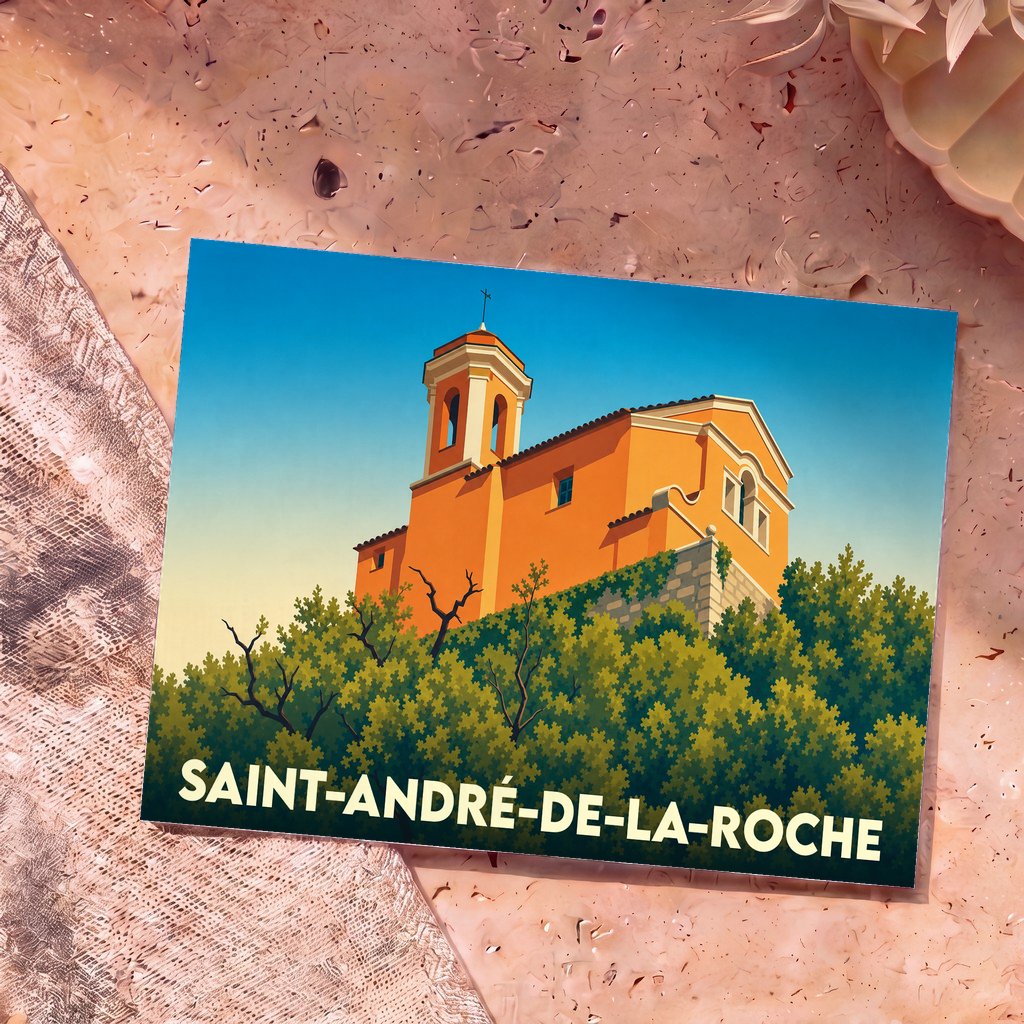 Carte postale souvenir de la ville de Saint-André-de-la-Roche illustrant son église perchée sur une colline verdoyante.