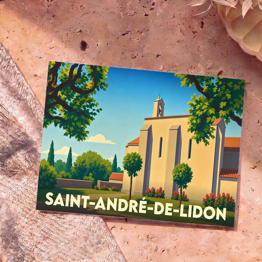 Carte postale souvenir de la ville de Saint-André-de-Lidon avec une illustration stylisée de son église sous un ciel bleu.