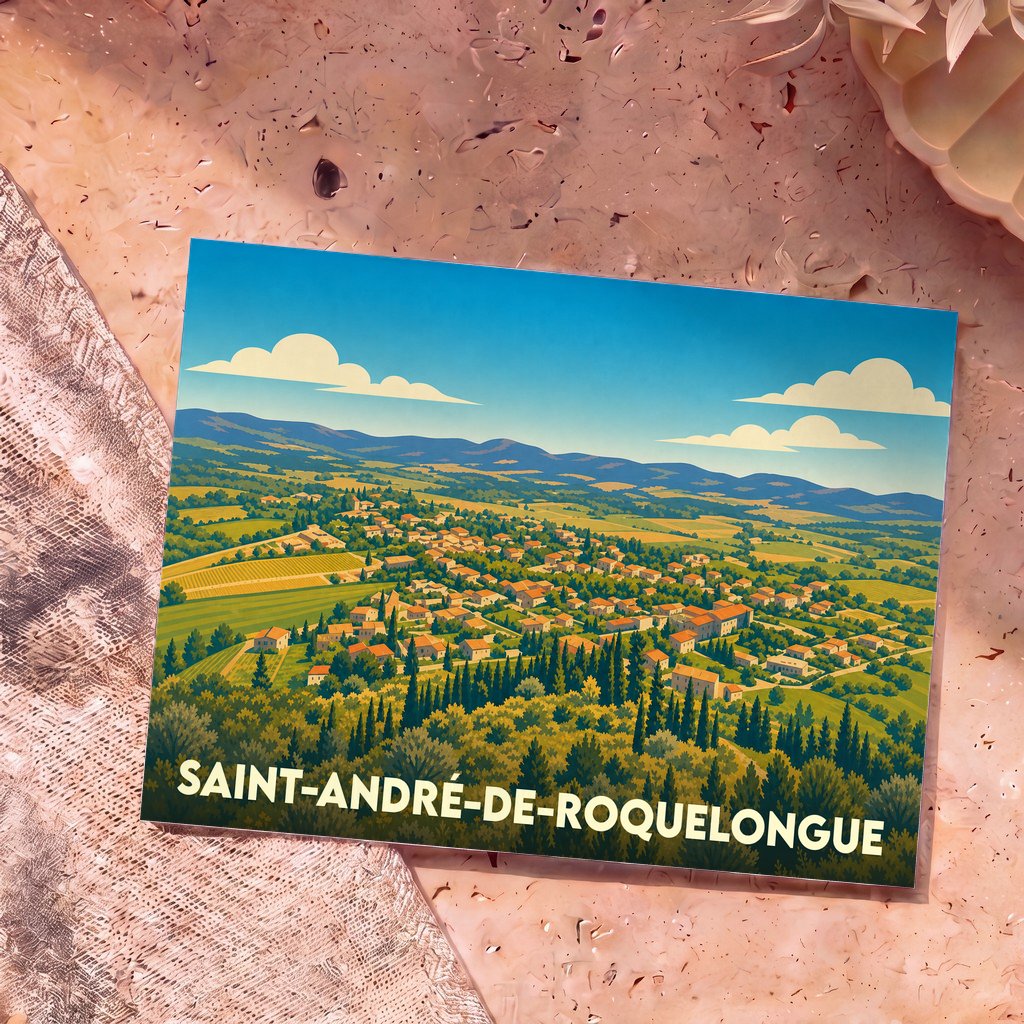 Carte postale souvenir de la ville de Saint-André-de-Roquelongue avec une illustration stylisée de son paysage vallonné.