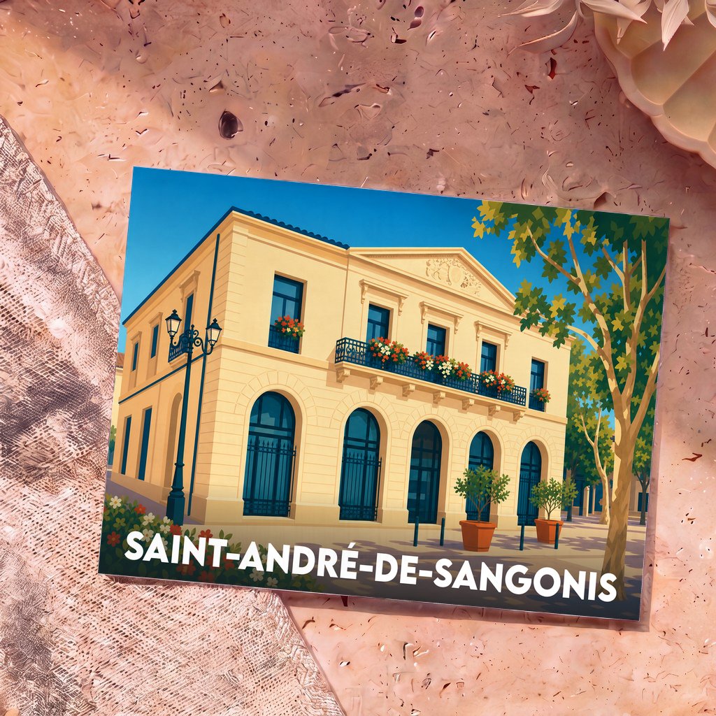 Carte postale souvenir de la ville de Saint-André-de-Sangonis avec une illustration stylisée de sa mairie.