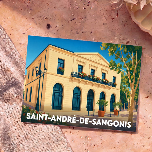 Carte postale souvenir de la ville de Saint-André-de-Sangonis avec une illustration stylisée de sa mairie.