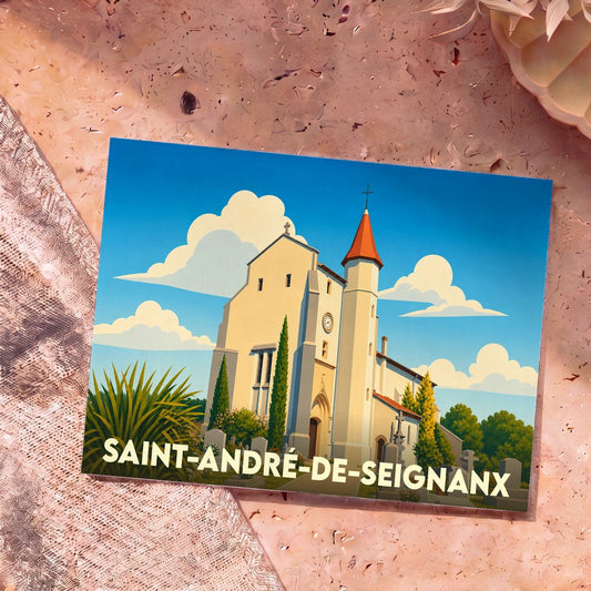 Carte postale souvenir de la ville de Saint-André-de-Seignanx avec une illustration stylisée de son église.