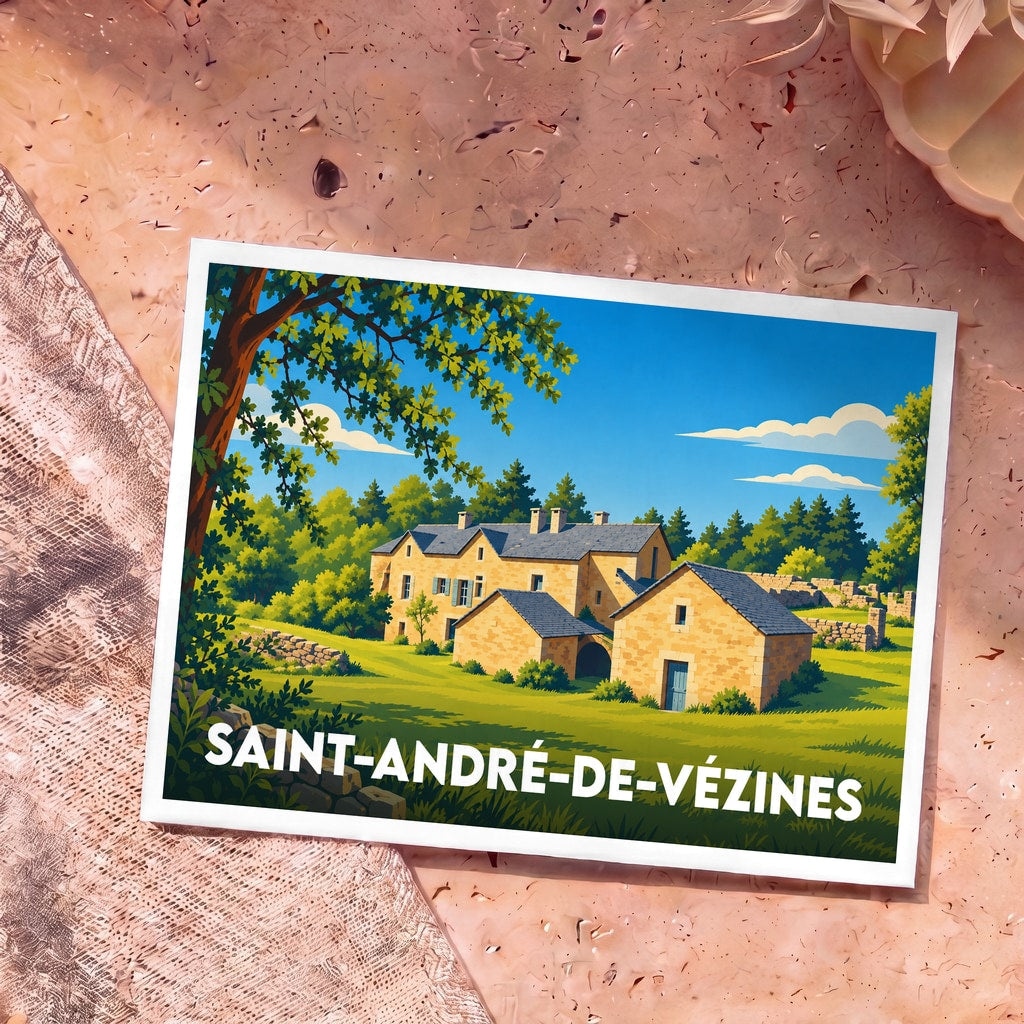 Carte postale souvenir de Saint-André-de-Vézines avec une illustration stylisée de bâtiments traditionnels en pierre.