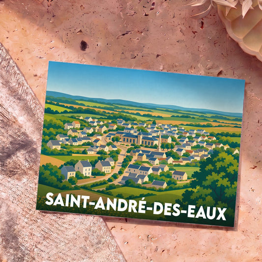 Carte postale souvenir de la ville de Saint-André-des-Eaux avec une illustration stylisée d'un village niché dans une campagne vallonnée.