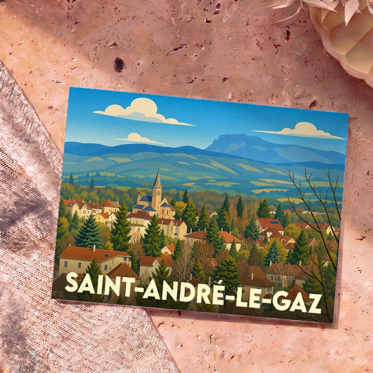 Carte postale souvenir de la ville de Saint-André-le-Gaz avec une illustration stylisée d'un paysage de village au pied des montagnes.