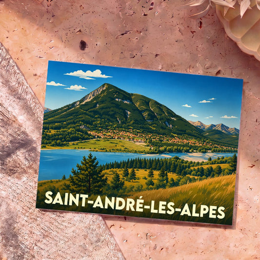Carte postale souvenir de la ville de Saint-André-les-Alpes avec une illustration stylisée d'un paysage montagneux bordant un lac.