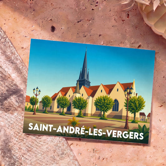 Carte postale souvenir de la ville de Saint-André-les-Vergers avec une illustration stylisée de son église et de sa place.