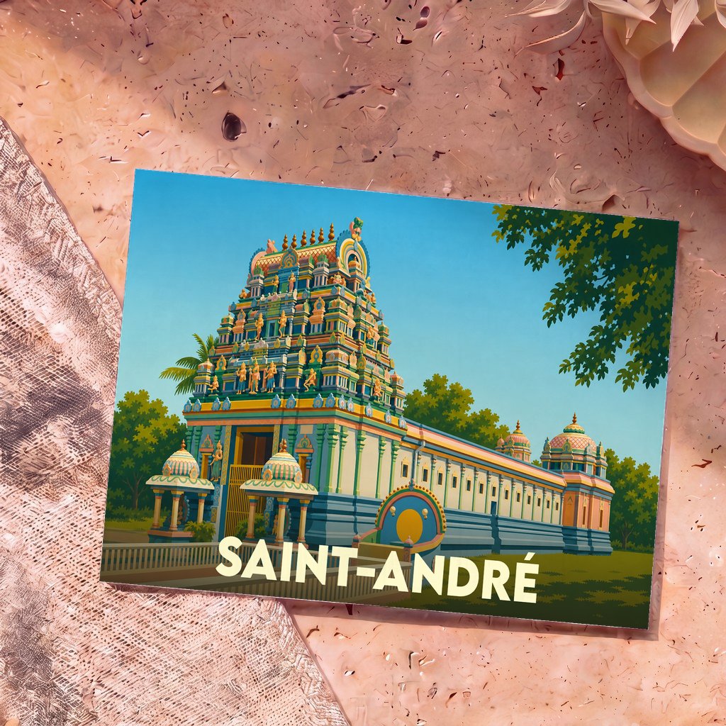 Carte postale souvenir de la ville de Saint-André avec une illustration stylisée d'un temple tamoul coloré.
