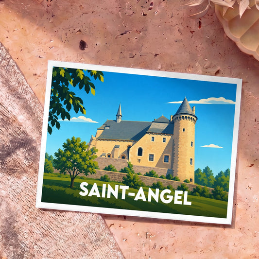 Carte postale souvenir de la ville de Saint-Angel avec une illustration stylisée de son église fortifiée.