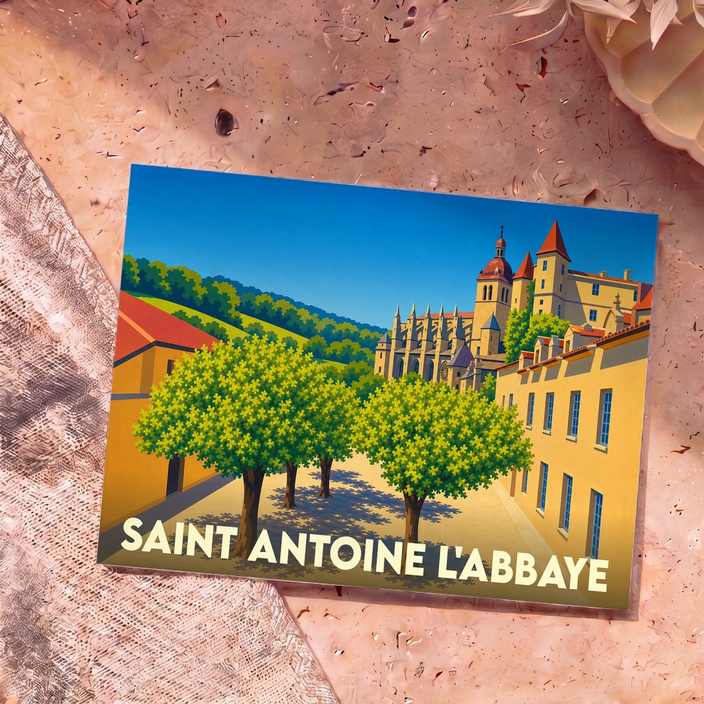 Carte postale souvenir de Saint-Antoine-l'Abbaye présentant une illustration stylisée et colorée de son abbaye et de ses ruelles.