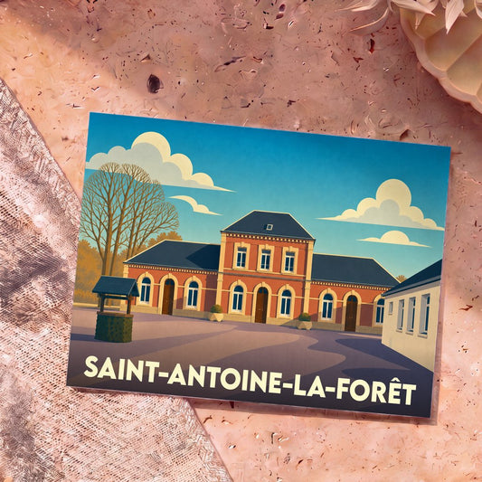 Carte postale souvenir de la ville de Saint-Antoine-la-Forêt avec une illustration stylisée de sa mairie.