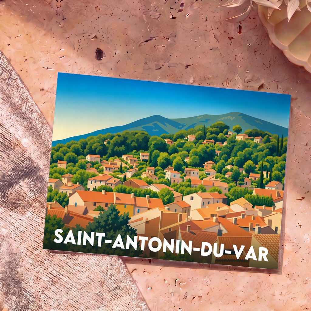 Carte postale souvenir de Saint-Antonin-du-Var présentant une illustration stylisée du village et de ses collines.